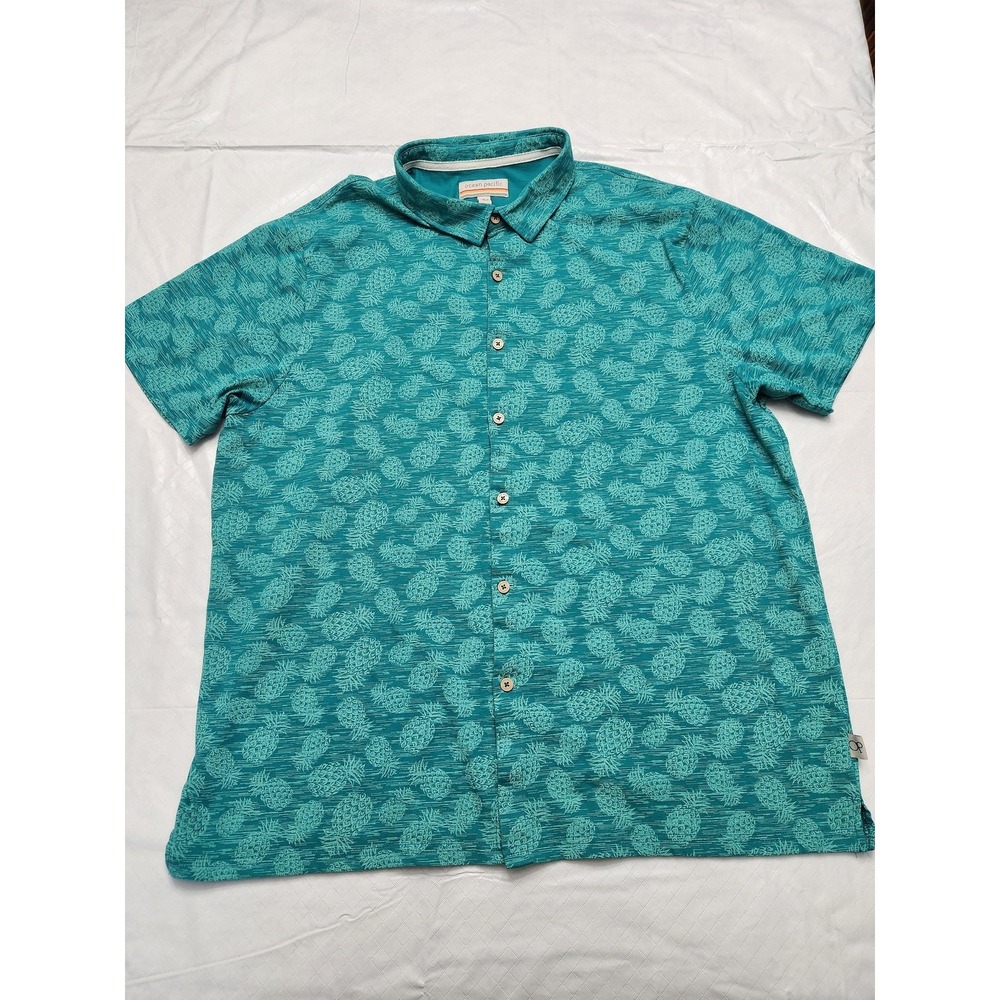 Ocean Pacific Shirt Mens 2XL Green Pineapple Print Button Up Hawaiian Casual